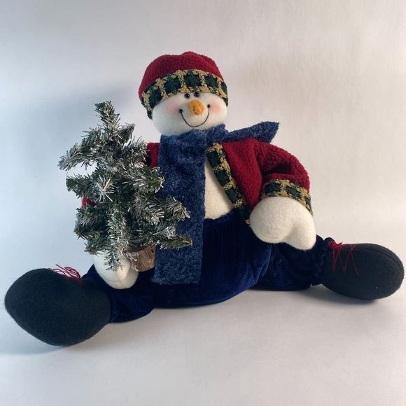 Plush Snowman holding artificial snow flocked tree. - Picture 3 of 9